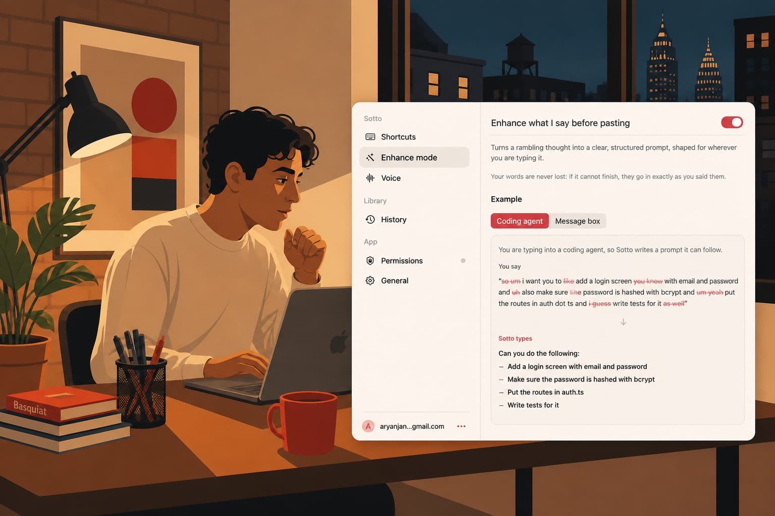 Vector still of Sotto Enhance mode settings with before-and-after example