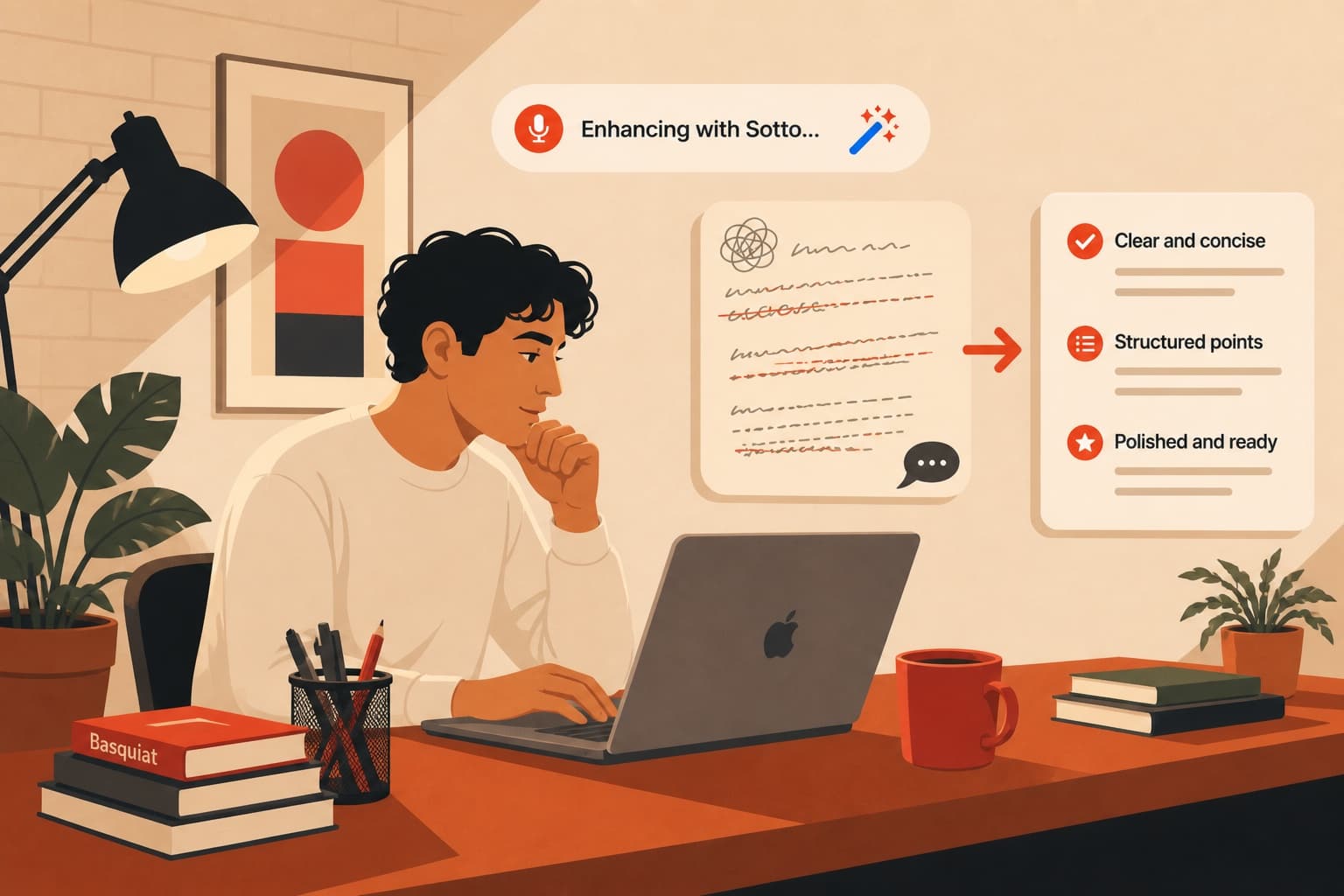 Vector still of Sotto enhancing spoken words into a clear prompt