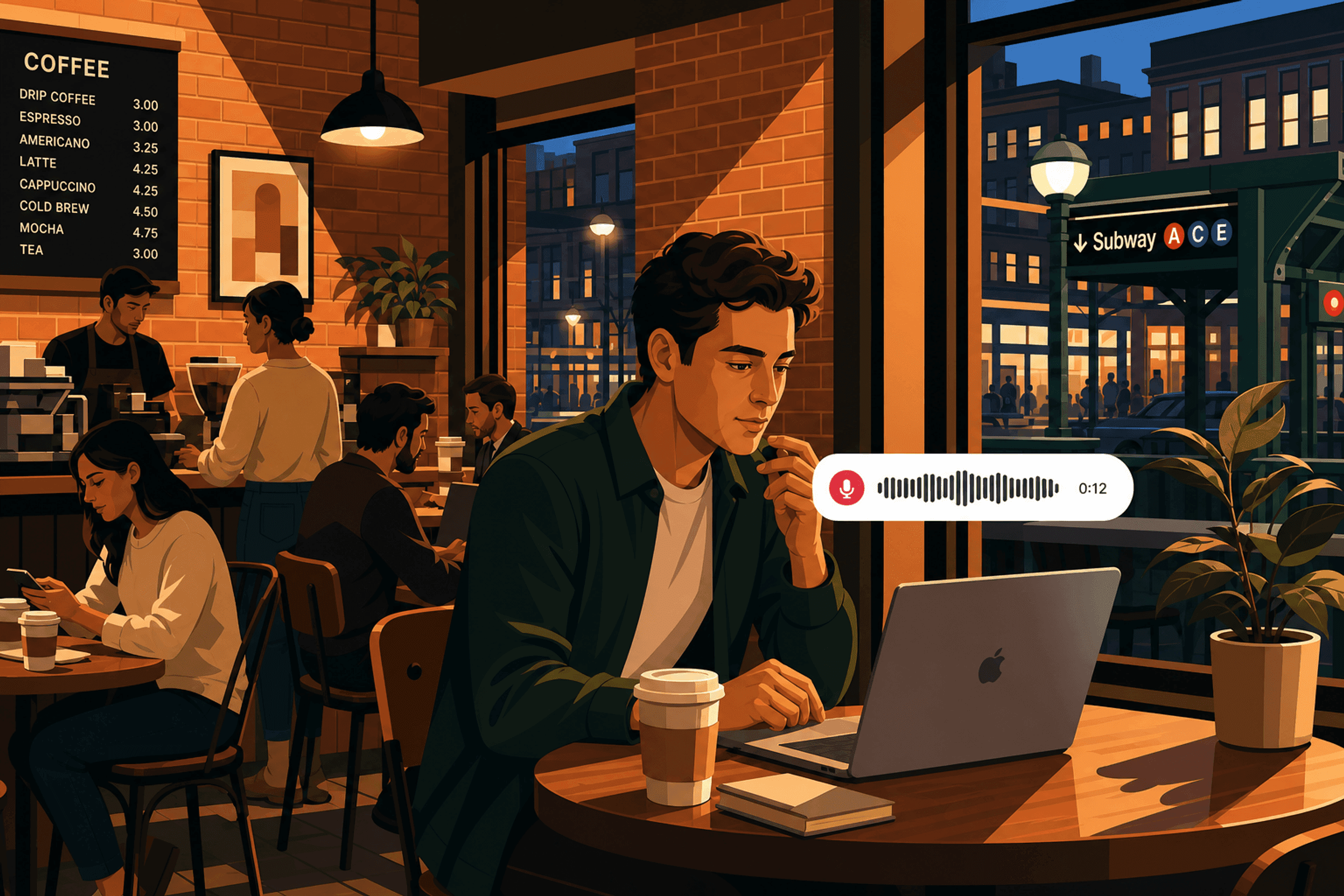 American café at dusk: dictating quietly with the Sotto listening HUD on a laptop